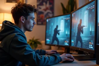 Jeune homme concentré jouant à un jeu vidéo sur un moniteur