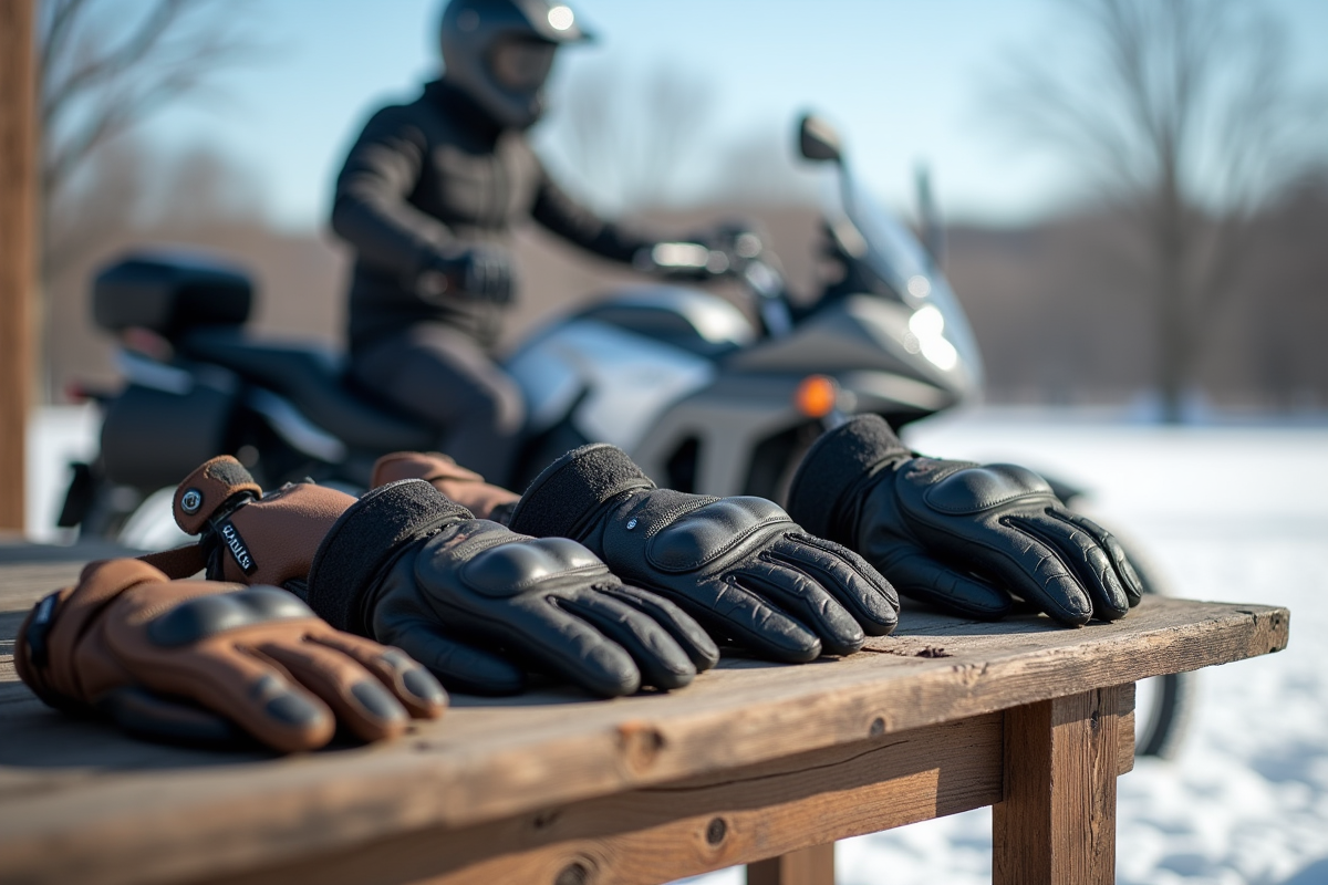 Gants moto hiver variés sur table en bois en extérieur