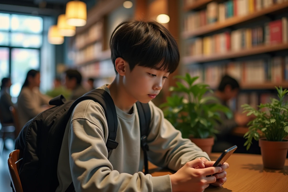 Garçon en café lisant manga sur smartphone