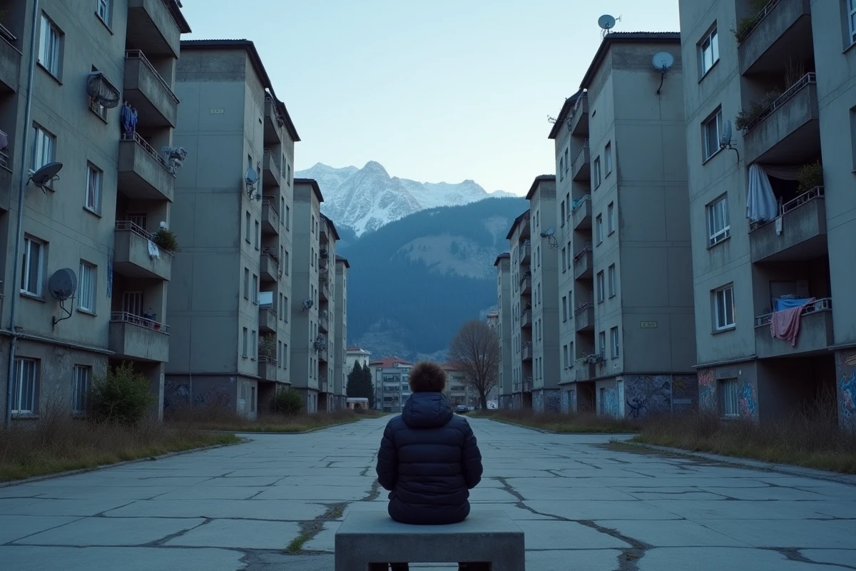 Cité de logements sociaux des années 1970 à Grenoble avec les Alpes visibles en arrière-plan
