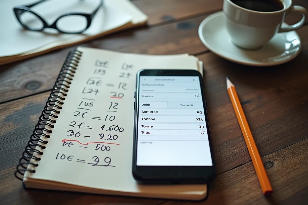Gros plan d'un bureau avec smartphone affichant un convertisseur kg-tonne et un carnet de calculs avec une erreur corrigée en rouge