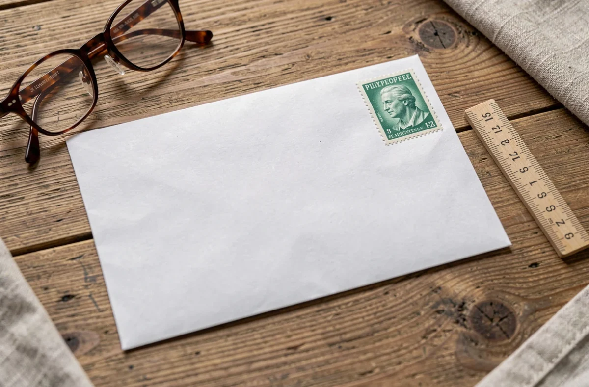 Gros plan d'une enveloppe blanche avec un timbre Lettre verte posée sur une table en bois avec une règle postale pour mesurer le poids et le format