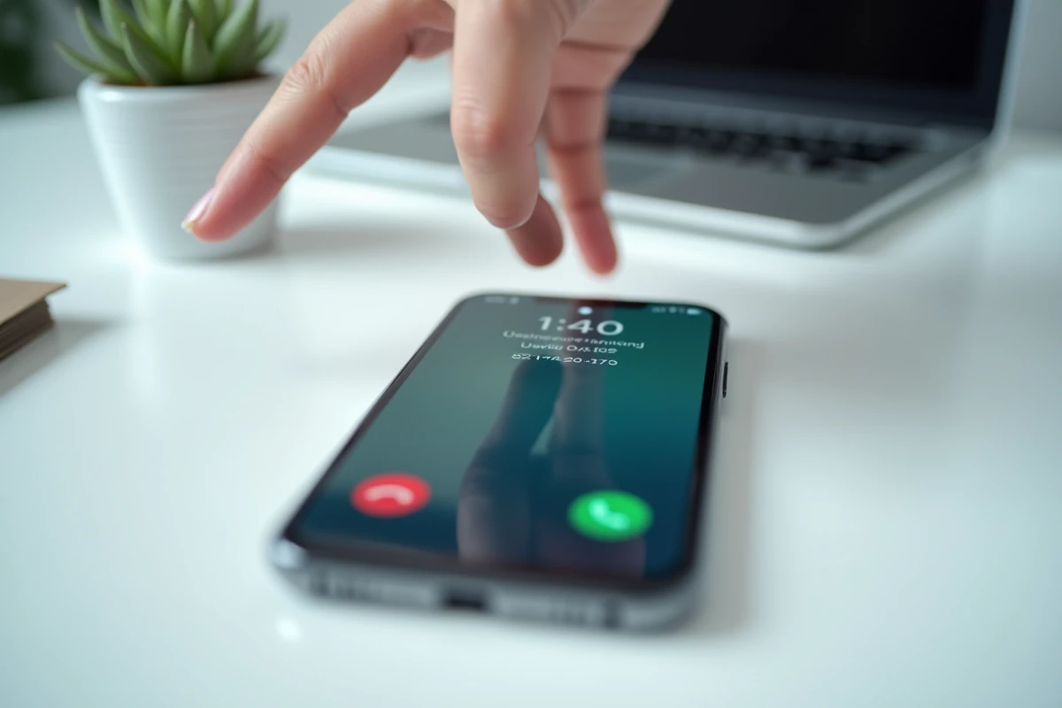 Gros plan d'un smartphone affichant un appel entrant d'un numéro inconnu français sur un bureau