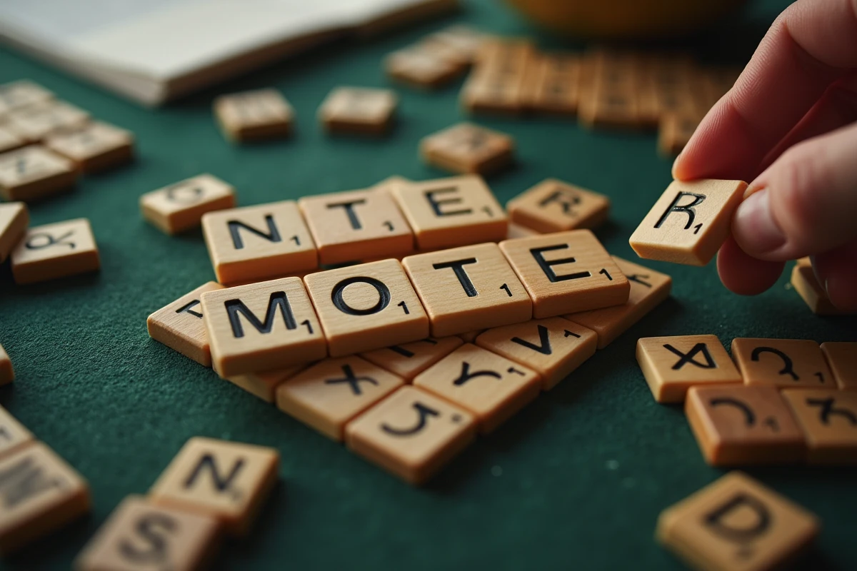 Gros plan sur un plateau de Scrabble avec le mot MOTE formé par des tuiles en bois