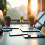 Gros plan sur un bureau moderne avec appareils ICT lumineux