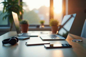 Gros plan sur un bureau moderne avec appareils ICT lumineux