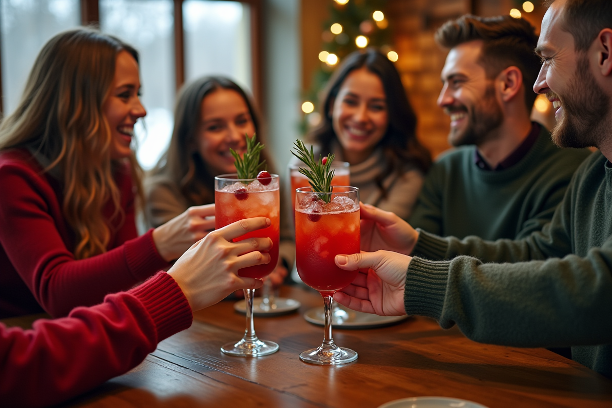 Groupe d'amis trinquant avec cocktails de Noël festifs