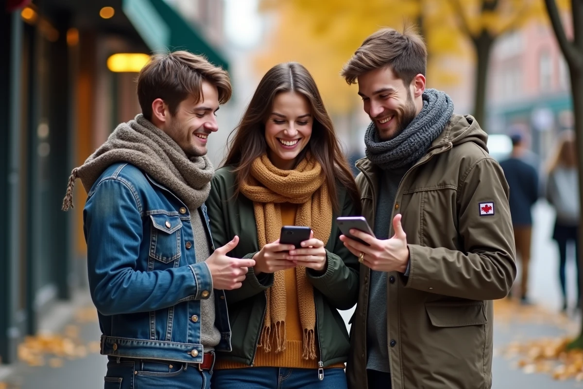 Groupe d'amis en ville en automne lisant un message texte ensemble, sourires spontanés pour illustrer phrases amicales à personnaliser