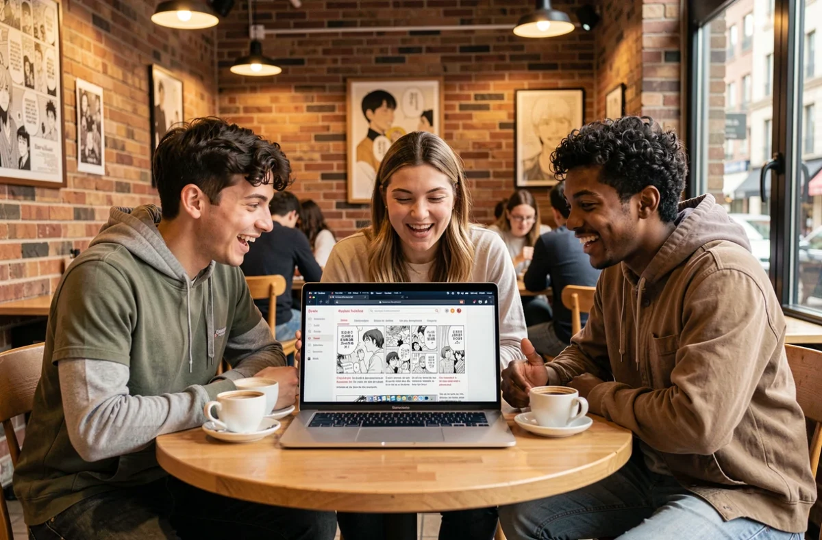 Groupe de jeunes adultes consultant ensemble les nouveaux chapitres de manga en français sur un ordinateur portable dans un café