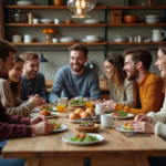 Jeunes adultes rient en partageant un repas convivial