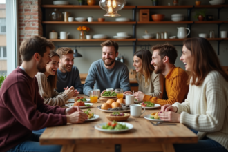 Jeunes adultes rient en partageant un repas convivial