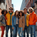 Groupe de jeunes en streetwear coloré sur un trottoir urbain