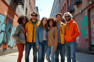 Groupe de jeunes en streetwear coloré sur un trottoir urbain