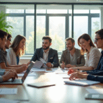 Groupe de jeunes professionnels dans un bureau lumineux collaborant