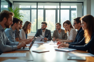 Groupe de jeunes professionnels dans un bureau lumineux collaborant