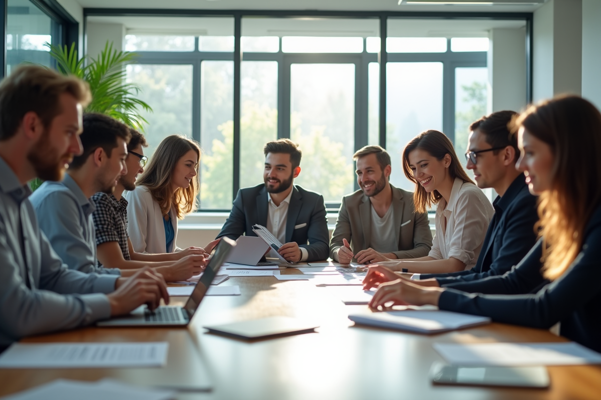 Groupe de jeunes professionnels dans un bureau lumineux collaborant