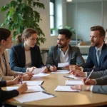 Groupe de professionnels en réunion dans un espace coworking