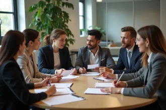 Groupe de professionnels en réunion dans un espace coworking