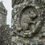 Motif d'hermine sculpté dans la pierre d'une fortification bretonne médiévale, recouvert de lichen