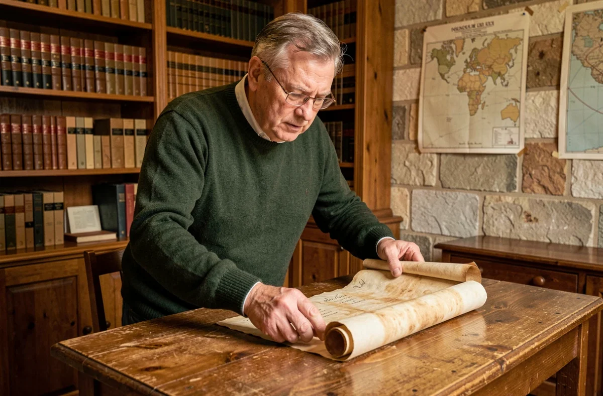 Historien étudiant un parchemin médiéval breton dans une salle d'archives
