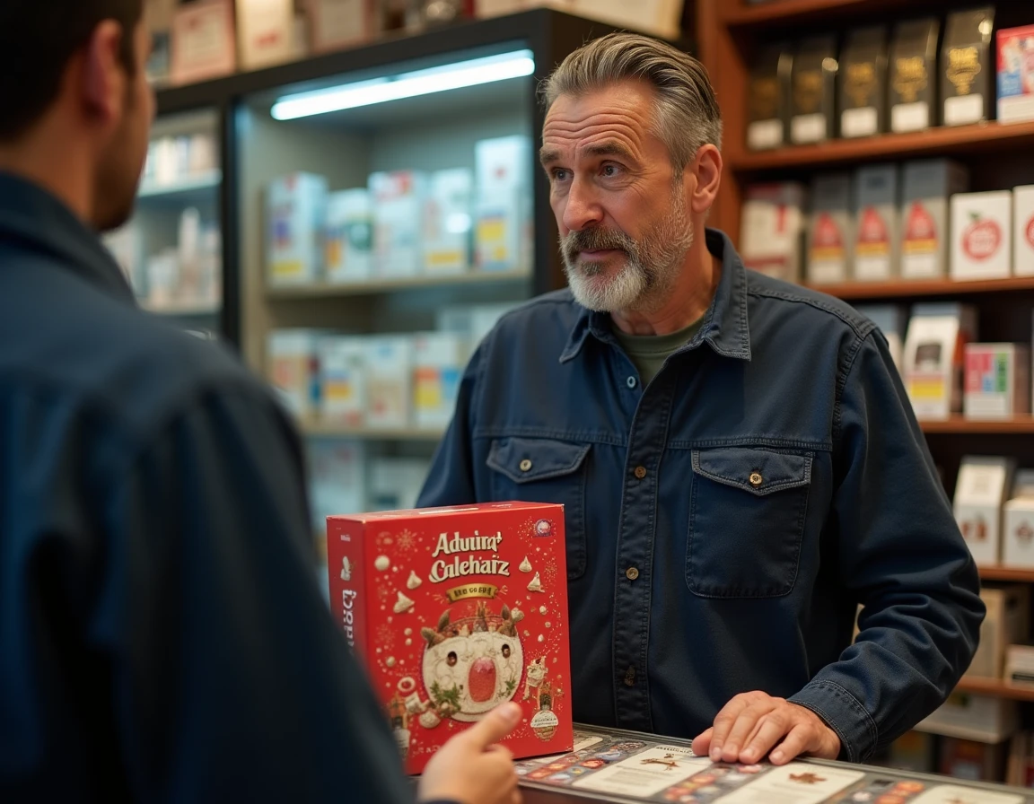 Homme achetant un calendrier de l'avent FDJ en prévente dans un bureau de tabac français