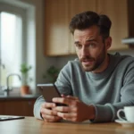 Homme regardant son smartphone avec méfiance face à un appel inconnu insistant