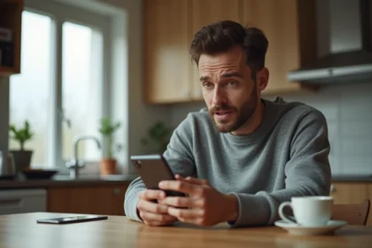 Homme regardant son smartphone avec méfiance face à un appel inconnu insistant