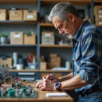 Homme d'âge moyen assemble un circuit électronique dans un laboratoire maison