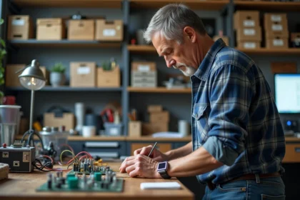 Homme d'âge moyen assemble un circuit électronique dans un laboratoire maison