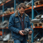 Homme en veste de travail examine une pièce auto dans un atelier