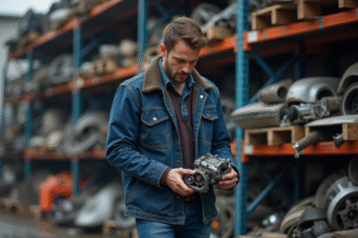 Homme en veste de travail examine une pièce auto dans un atelier