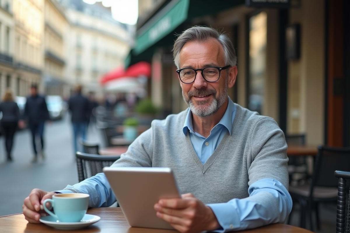Homme d age sirote un café avec tablette de taux immobilier