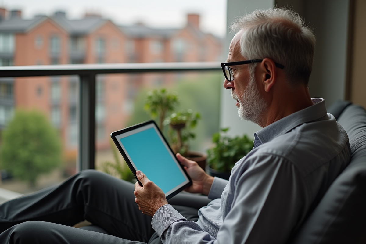 Homme en balcon urbain comparant des offres d
