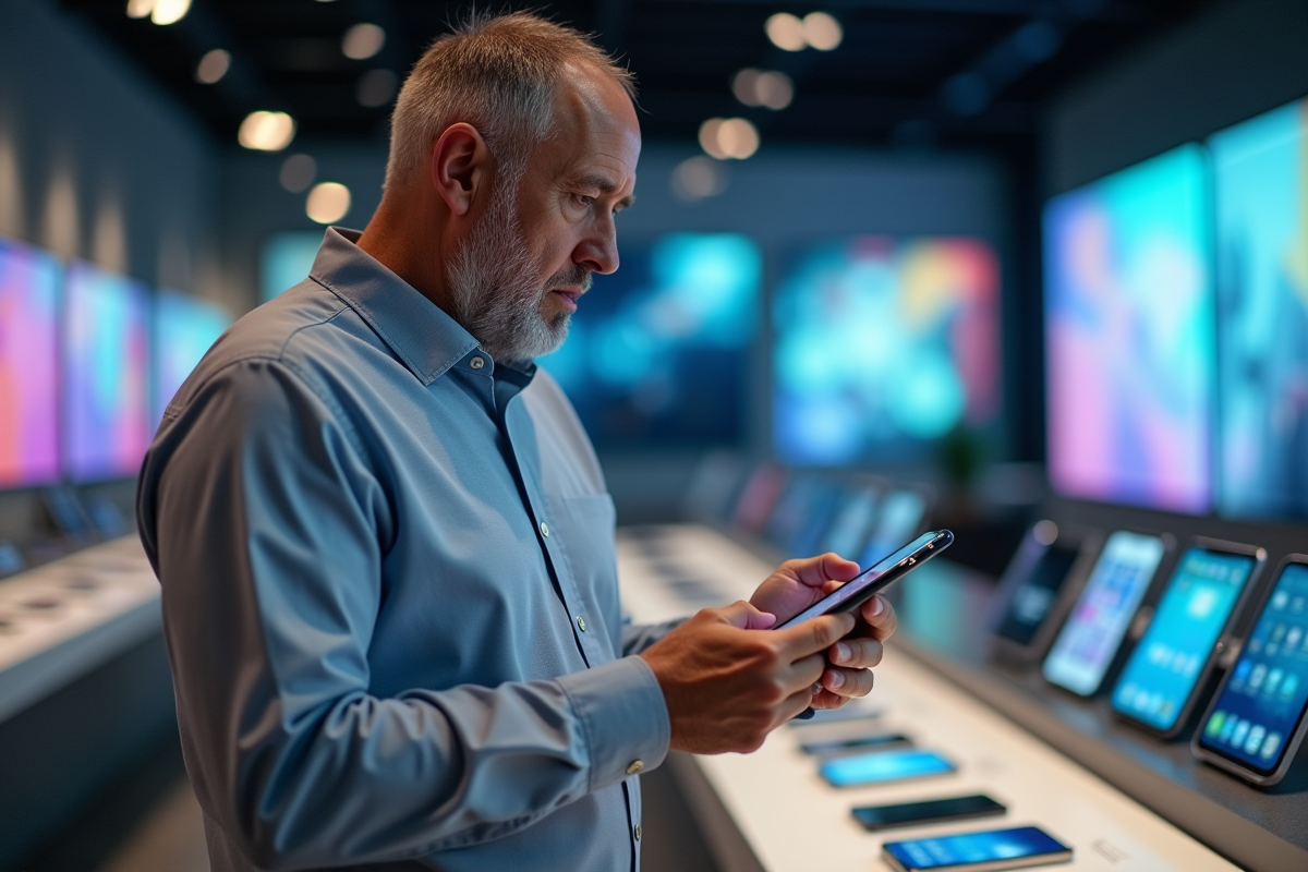 Homme d affaires compare deux smartphones en magasin
