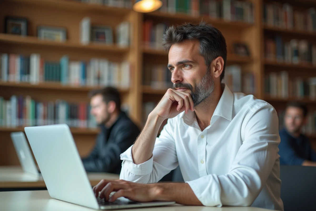 Homme concentré devant un ordinateur portable avec une faute d'orthographe soulignée par le correcteur automatique en français
