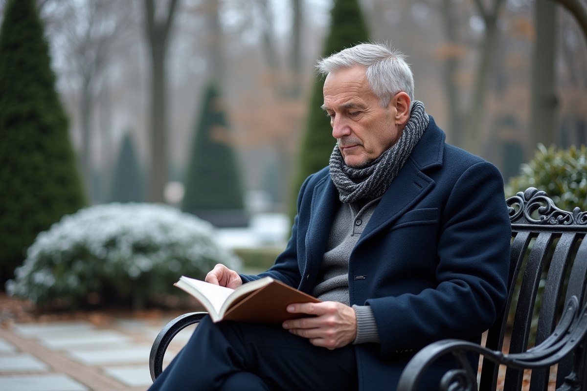 Homme en manteau dans un jardin d