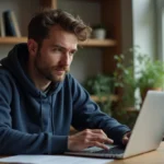 Homme adulte consultant un site de jeux en ligne sur son ordinateur portable dans un bureau à domicile