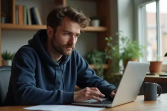 Homme adulte consultant un site de jeux en ligne sur son ordinateur portable dans un bureau à domicile
