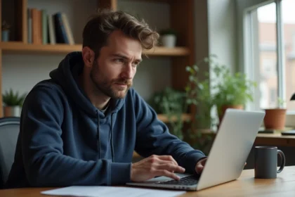 Homme adulte consultant un site de jeux en ligne sur son ordinateur portable dans un bureau à domicile