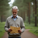 Homme âgé en forêt regardant une carte avec calme