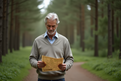 Homme âgé en forêt regardant une carte avec calme