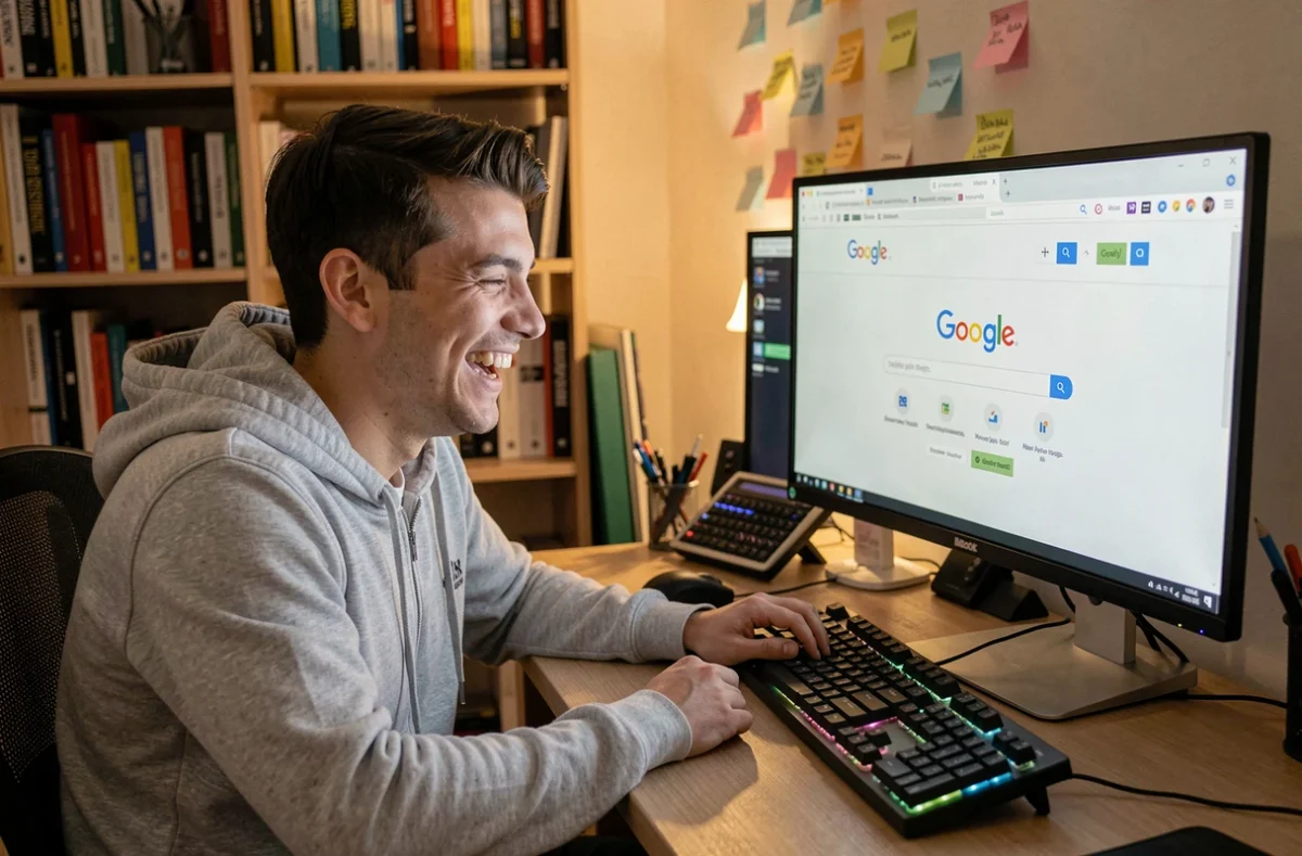 Jeune homme riant devant un écran Google illustrant le mème viral Do a Barrel Roll et l'easter egg du moteur de recherche