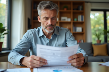 Homme d'âge moyen lisant un contrat de prêt à la maison