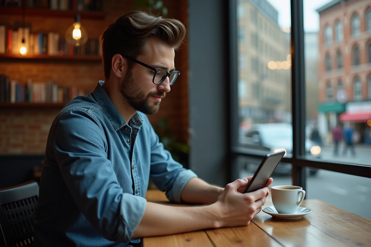 Homme lisant webtoons dans un café urbain