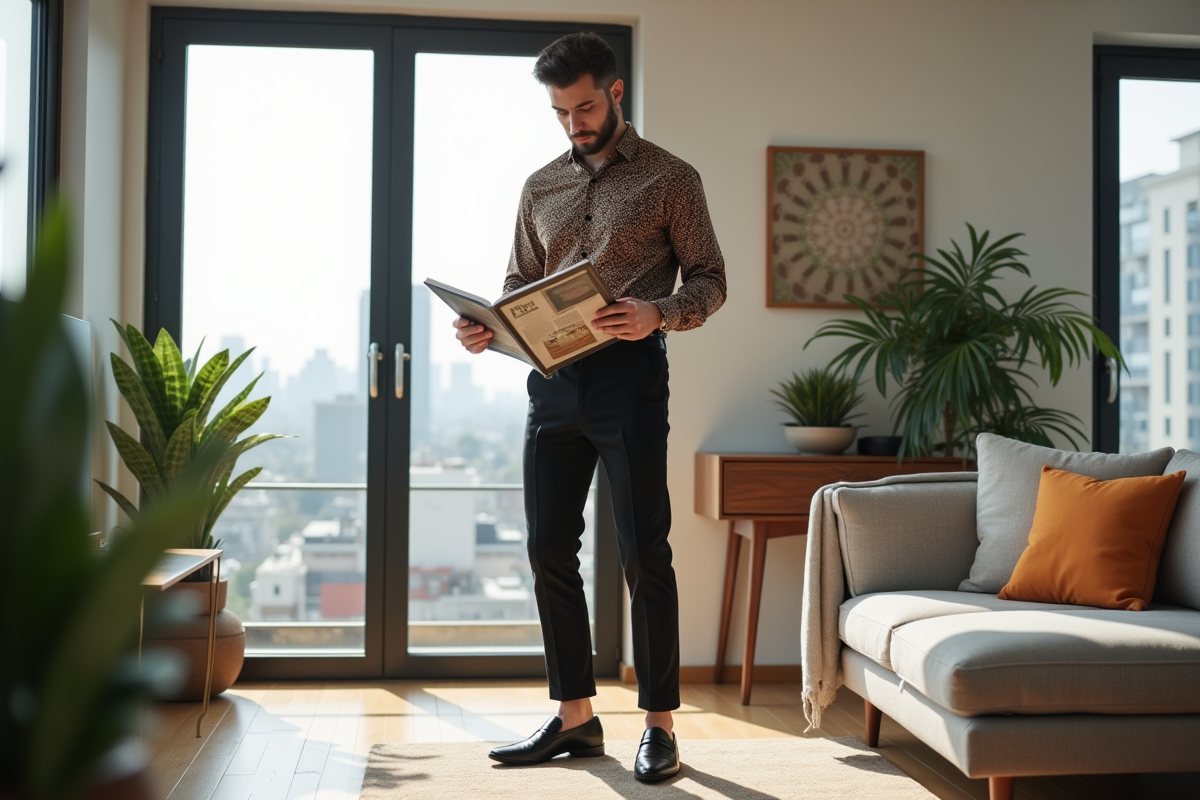 Homme dans un salon moderne lit un magazine de mode