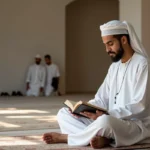 Homme en thobe blanc lisant le Qur'an dans une mosquee à Bondy
