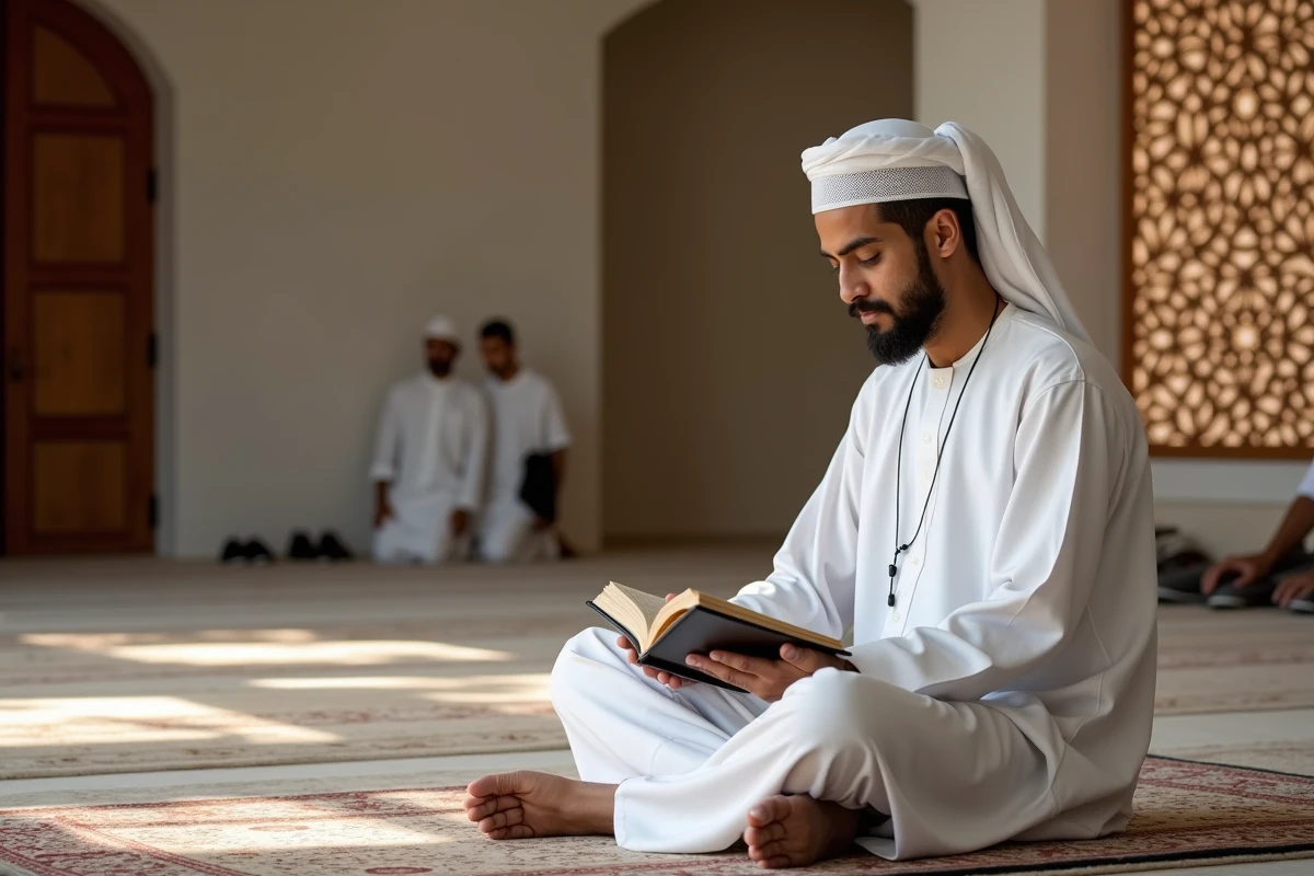 Homme en thobe blanc lisant le Qur'an dans une mosquee à Bondy