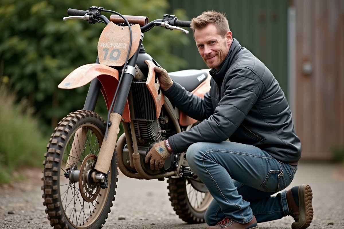 Homme vérifiant la chaîne d'une moto cross en extérieur