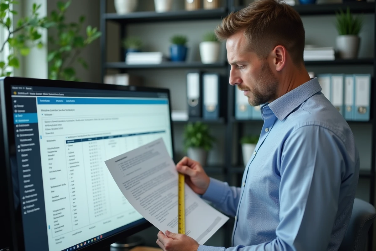 Homme vérifie une fiche technique avec un ruban à mesurer