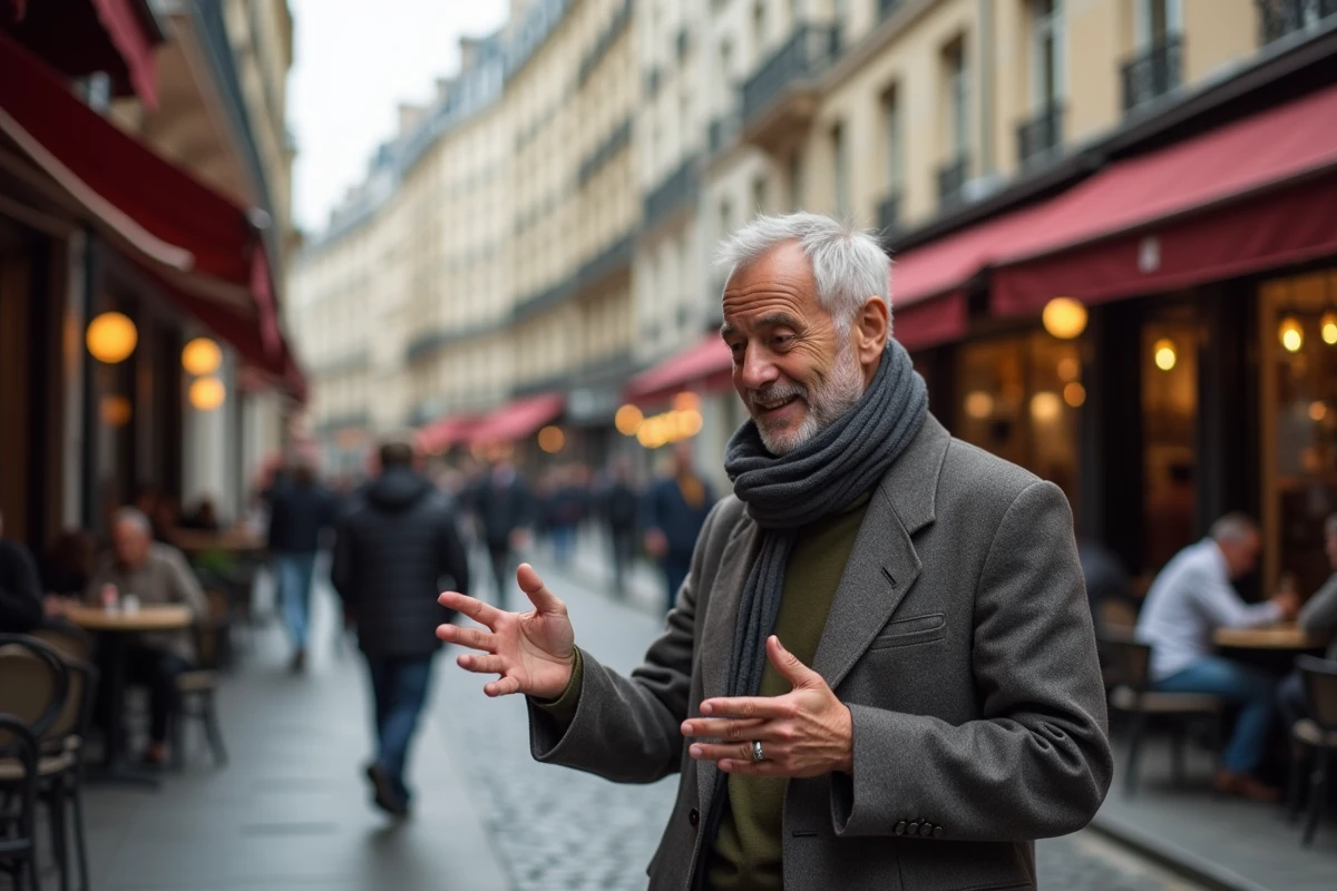 Homme parlant avec un ami dans une rue parisienne animée